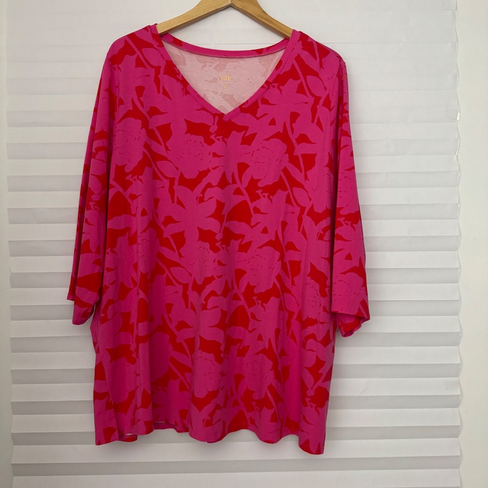 Belle by Kim Gravel Pink Red Floral V-Neck Elbow Sleeve Tunic Top 3X Chic